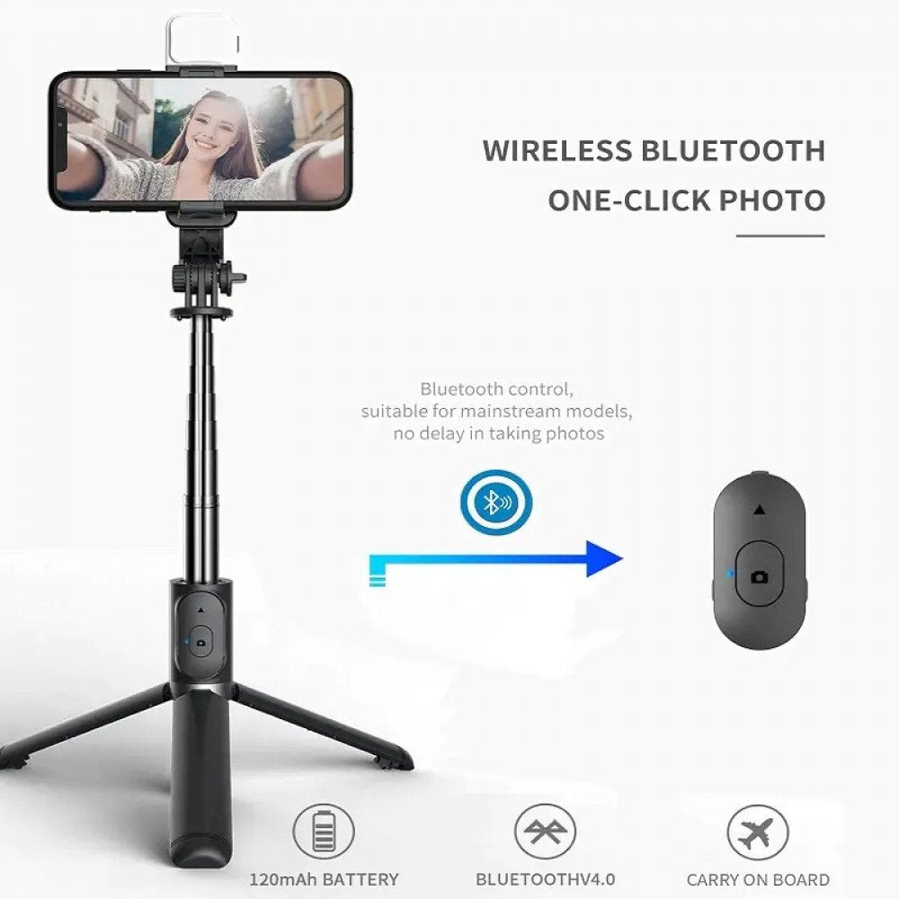 Snazlo Daily – 3-in-1 LED Selfie Stick Tripod | Wireless Remote & Fill Light for All Smartphones (Black)