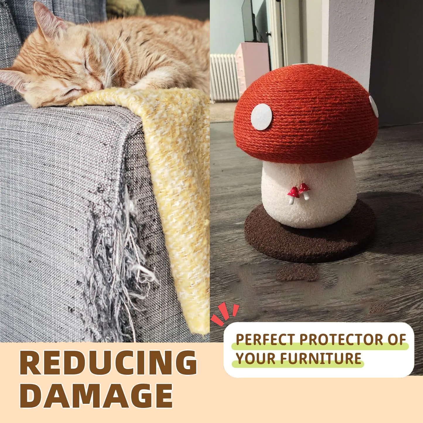 Snazlo Daily – Mushroom Cat Tree – Cute Red & White Sisal Scratching Post with Fluffy Base & Toy Ball | Fun & Durable Cat Furniture