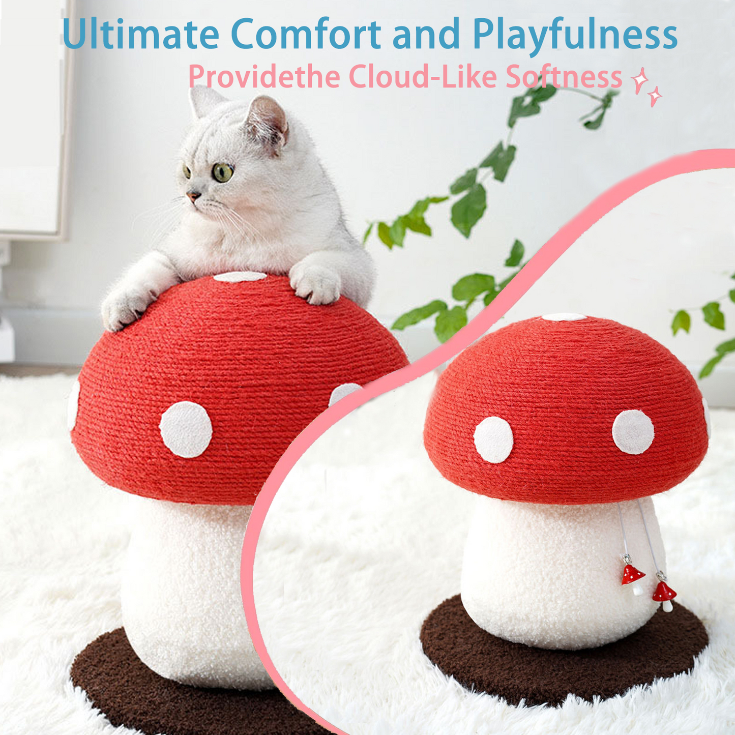Snazlo Daily – Mushroom Cat Tree – Cute Red & White Sisal Scratching Post with Fluffy Base & Toy Ball | Fun & Durable Cat Furniture