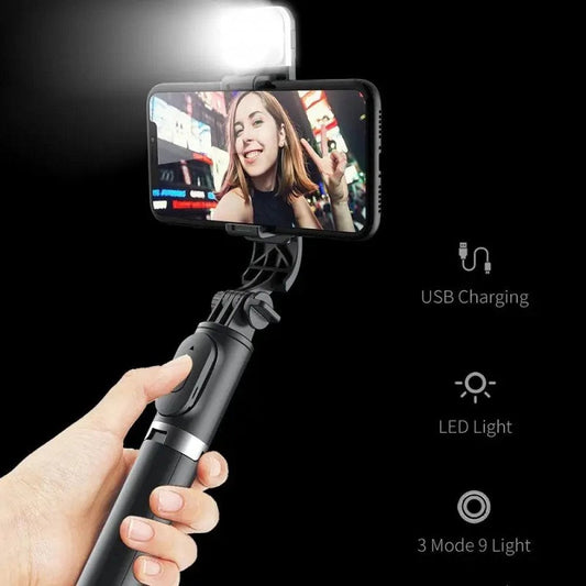 Snazlo Daily – 3-in-1 LED Selfie Stick Tripod | Wireless Remote & Fill Light for All Smartphones (Black)