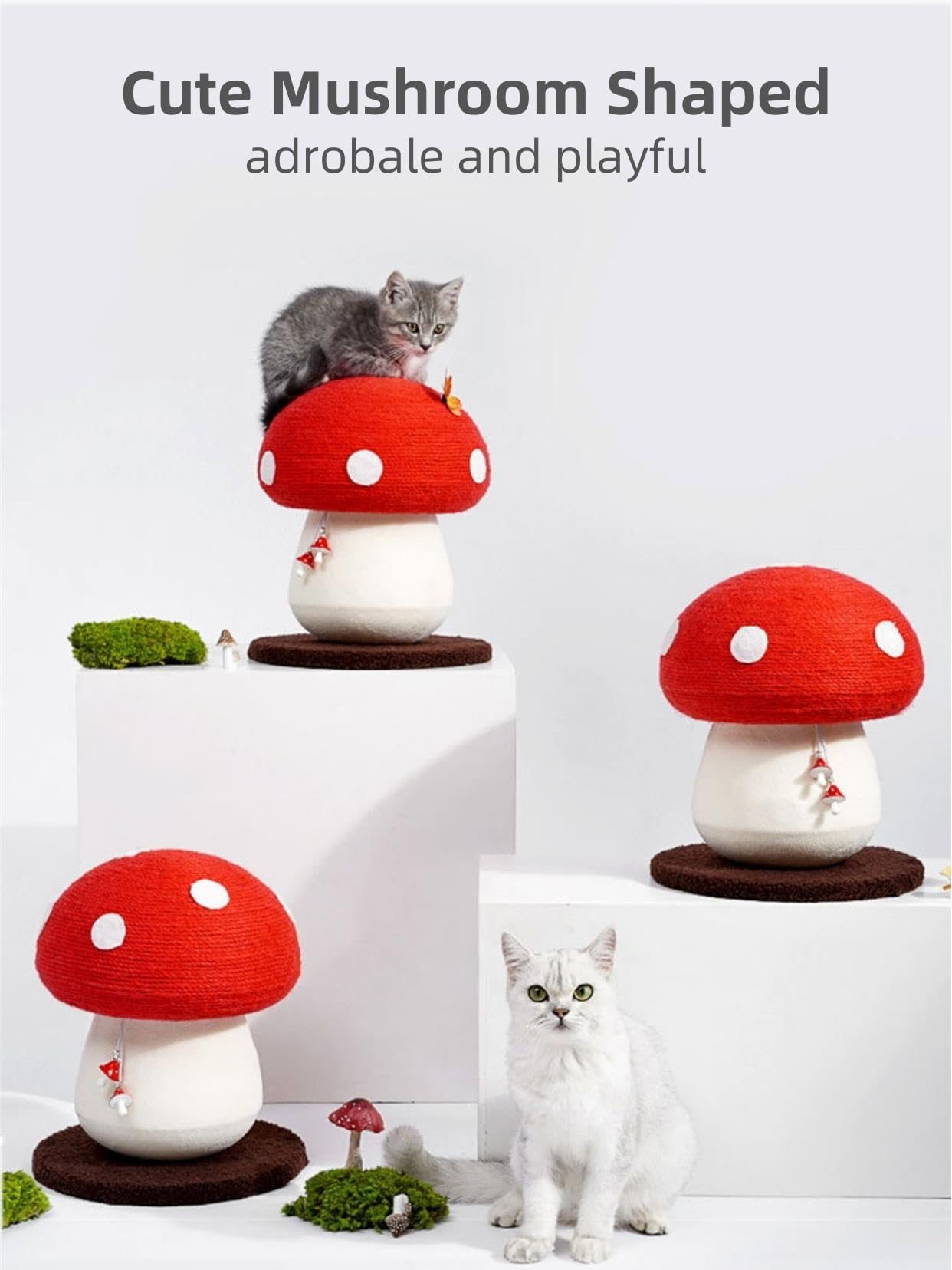 Snazlo Daily – Mushroom Cat Tree – Cute Red & White Sisal Scratching Post with Fluffy Base & Toy Ball | Fun & Durable Cat Furniture