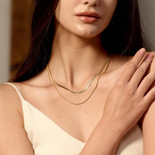 Snazlo Daily – 18K Gold Plated Necklace Set | Snake Chain + Herringbone | Elegant Jewelry Gift for Women