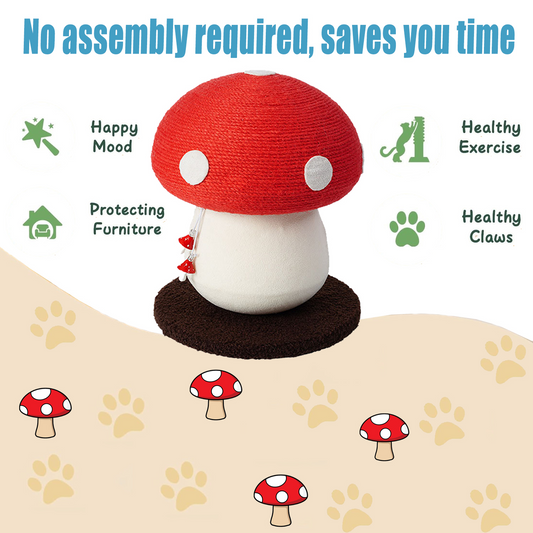 Snazlo Daily – Mushroom Cat Tree – Cute Red & White Sisal Scratching Post with Fluffy Base & Toy Ball | Fun & Durable Cat Furniture