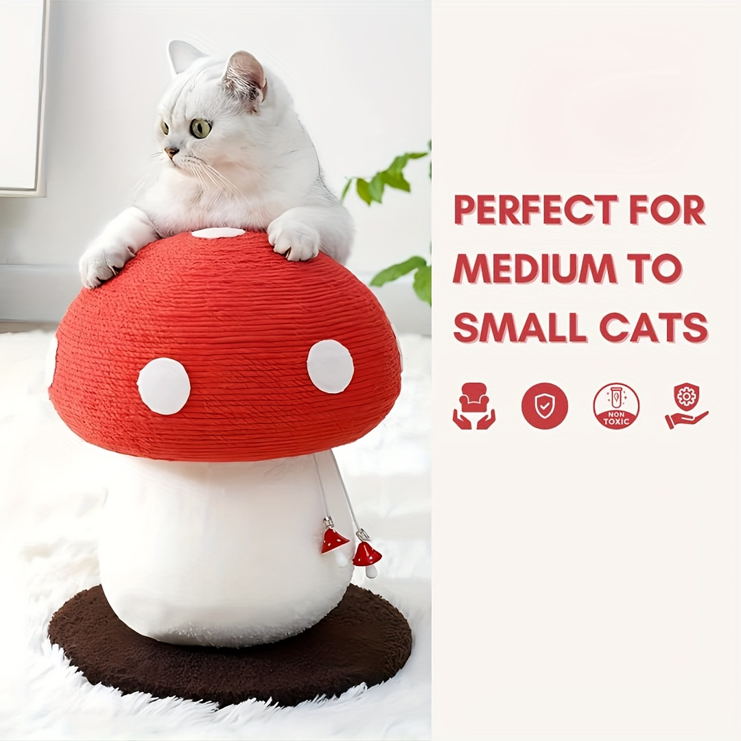 Snazlo Daily – Mushroom Cat Tree – Cute Red & White Sisal Scratching Post with Fluffy Base & Toy Ball | Fun & Durable Cat Furniture