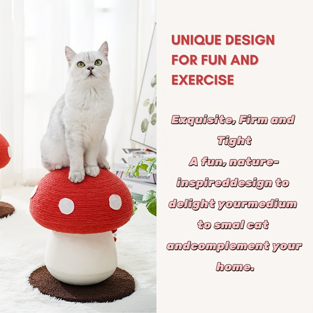 Snazlo Daily – Mushroom Cat Tree – Cute Red & White Sisal Scratching Post with Fluffy Base & Toy Ball | Fun & Durable Cat Furniture