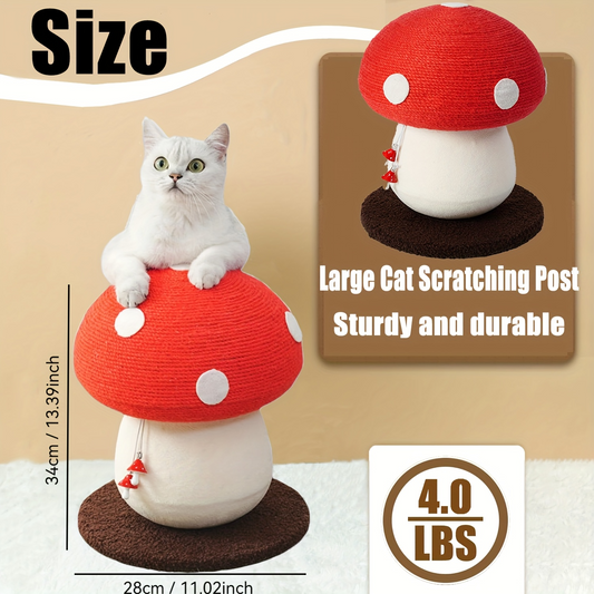 Snazlo Daily – Mushroom Cat Tree – Cute Red & White Sisal Scratching Post with Fluffy Base & Toy Ball | Fun & Durable Cat Furniture